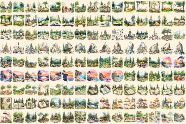 Camping Watercolor Clipart Bundle - 930+ transparent PNG, Nature adventure illustrations, Campsite graphics,Commercial use, Digital download