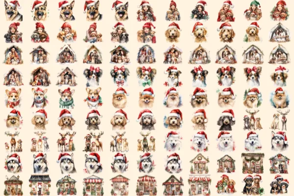 Christmas Dogs Watercolor Clipart Bundle - 680+ transparent PNG, Cozy festive dog graphics, Holiday pup art,Commercial use, Digital download
