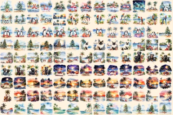 Tropical Christmas Watercolor Clipart Bundle - 790+ transparent PNG, Exotic tropic holiday image,Festive png,Commercial use,Digital download