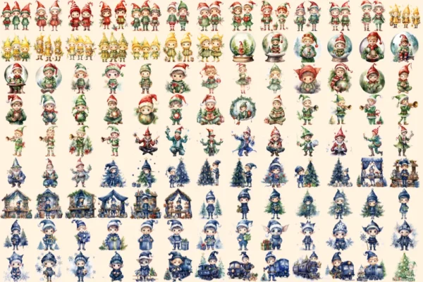 Christmas Elves Watercolor Clipart Bundle - 791+ transparent PNG, Cozy festive magic png, Holiday elf art, Commercial use, Digital download