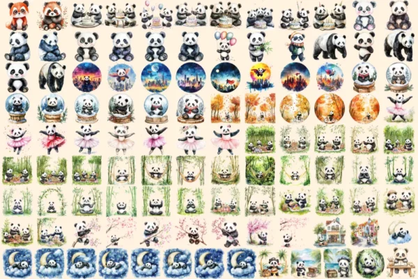 Pandas Watercolor Clipart Bundle - 760+ transparent PNG, Charming panda graphics, Bamboo-loving bear png, Commercial use, Digital download