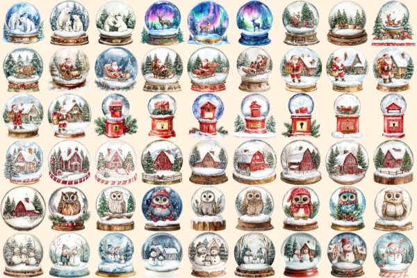 Christmas Snow Globes Watercolor Clipart Bundle - 348+ transparent PNG, Holiday cheer graphics, Cozy winter, Commercial use,Digital download