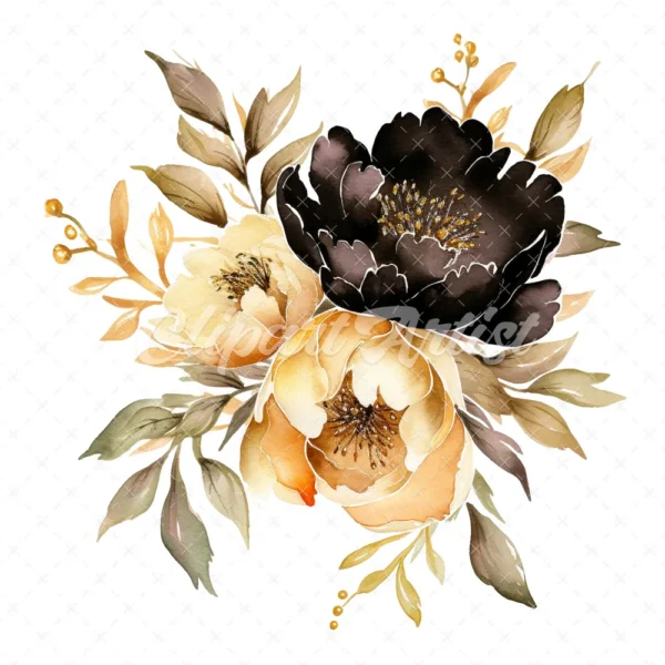 23 High-Quality Black Gold Peony Clipart - Black gold peony digital watercolor JPG instant download for commercial use - Digital download