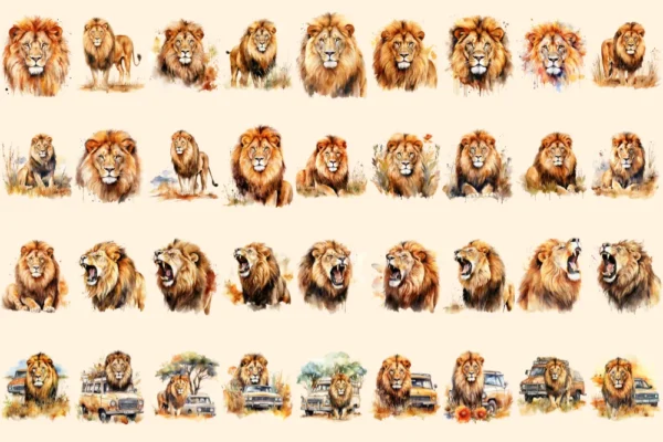 Lions Watercolor Clipart Bundle - 248+ transparent PNG, Savanna lion illustrations, Regal wildlife graphics, Commercial use,Digital download