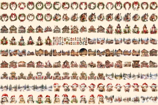 Western Christmas Watercolor Clipart Bundle - 1140+ transparent PNG, Festive western graphics, Cowboy png, Commercial use, Digital download