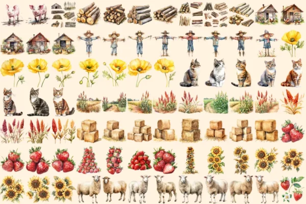 On the Farm Watercolor Clipart Bundle - 570+ transparent PNG, Rustic farmyard scenes png, Agricultural art, Commercial use, Digital download