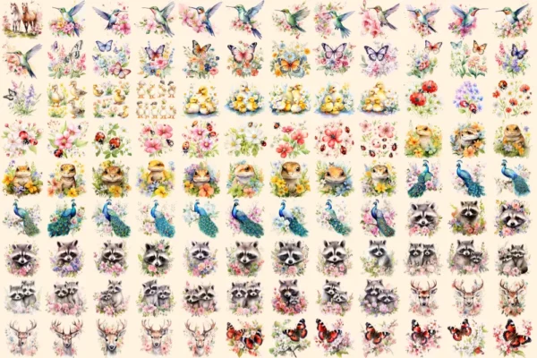 Spring Floral Animals Watercolor Clipart Bundle - 723+ transparent PNG, Spring pets graphics, Floral images, Commercial use,Digital download