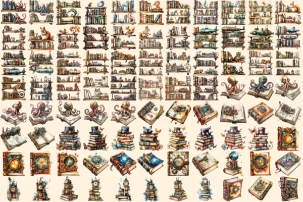 Steampunk Books Watercolor Clipart Bundle - 603+ transparent PNG, Retro sci-fi books images, Futuristic art, Commercial use,Digital download