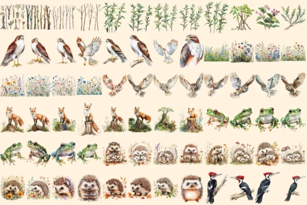 Wild Woodland Watercolor Clipart Bundle - 500+ transparent PNG, Woodland creature graphics, Nature images, Commercial use, Digital download