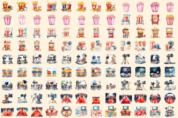 Movie Time Watercolor Clipart Bundle - 760+ transparent PNG, Cinema snacks illustration, Movie night art, Commercial use, Digital download