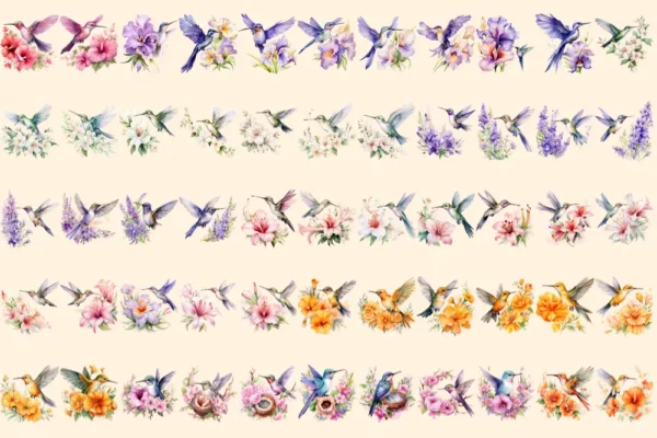 Floral Hummingbirds Watercolor Clipart Bundle - 380+ transparent PNG, Hummingbirds png, Spring bird images, Commercial use, Digital download