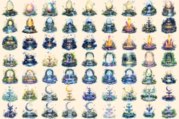 Fairy Fountains Watercolor Clipart Bundle - 427+ transparent PNG, Magical garden graphics, Enchanted fairy, Commercial use, Digital download