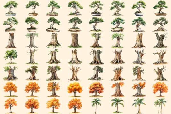 Tree Trunks Watercolor Clipart Bundle - 385+ transparent PNG, Wooden nature illustration, Eco forest art, Commercial use, Digital download