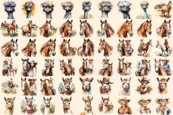 Ranch Watercolor Clipart Bundle - 374+ transparent PNG, Rustic homestead illustration, Western ranch art, Commercial use, Digital download
