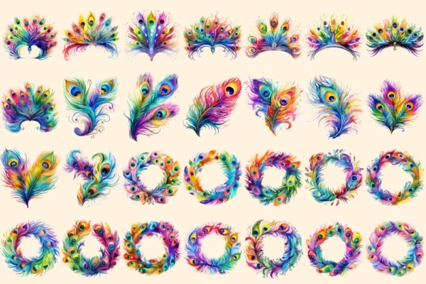 Rainbow Peacocks Watercolor Clipart Bundle - 175+ transparent PNG, Vibrant bird png, Colorful feathered art, Commercial use,Digital download