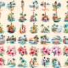 Hawaii Watercolor Clipart Bundle - 365+ transparent PNG, Tropical summer illustration, Pastel surfing png, Commercial use, Digital download