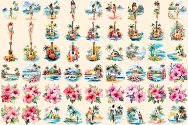 Hawaii Watercolor Clipart Bundle - 365+ transparent PNG, Tropical summer illustration, Pastel surfing png, Commercial use, Digital download