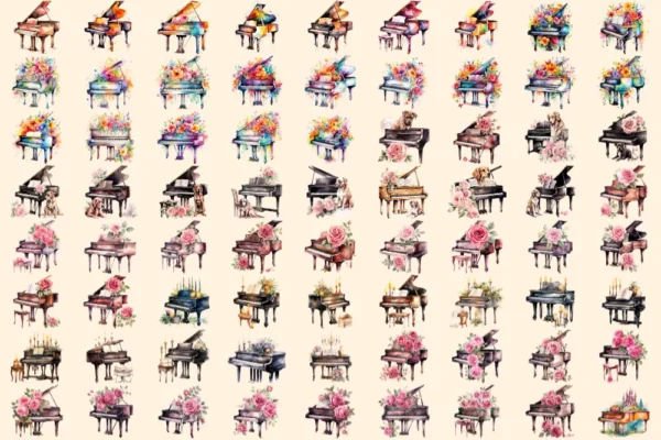 Piano Watercolor Clipart Bundle - 492+ transparent PNG, Musical instrument graphics, Melodic piano keys, Commercial use, Digital download