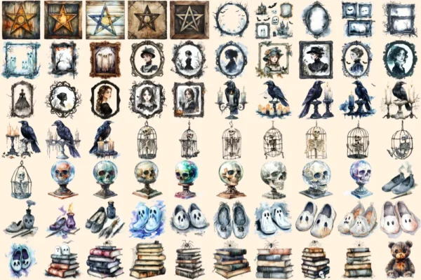 Haunted Mansion Watercolor Clipart Bundle - 475+ transparent PNG, Eerie house png, Ghostly spooky decor, Commercial use, Digital download