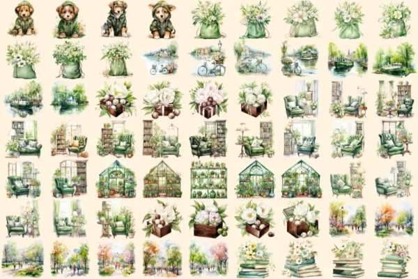 Green Spring Watercolor Clipart Bundle - 430+ transparent PNG, Cute spring girl graphics, Cozy spring png, Commercial use,Digital download