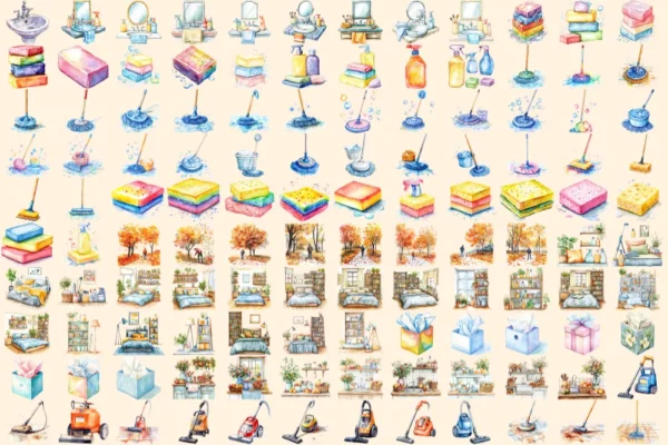 Cleaning Watercolor Clipart Bundle - 825+ transparent PNG, Cleaning supplies illustration, Sanitation png, Commercial use, Digital download