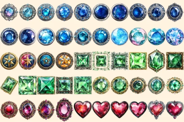 Gem Buttons Watercolor Clipart Bundle - 343+ transparent PNG, Shimmering gem button png, Decorative art, Commercial use, Digital download