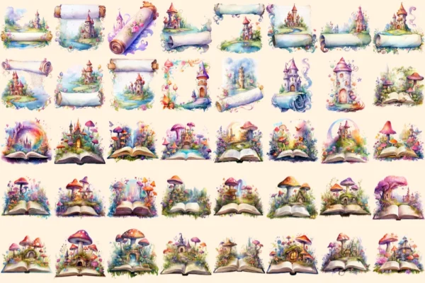 Fairytale Books Watercolor Clipart Bundle - 248+ transparent PNG, Cute storybook graphics, Magical images, Commercial use, Digital download
