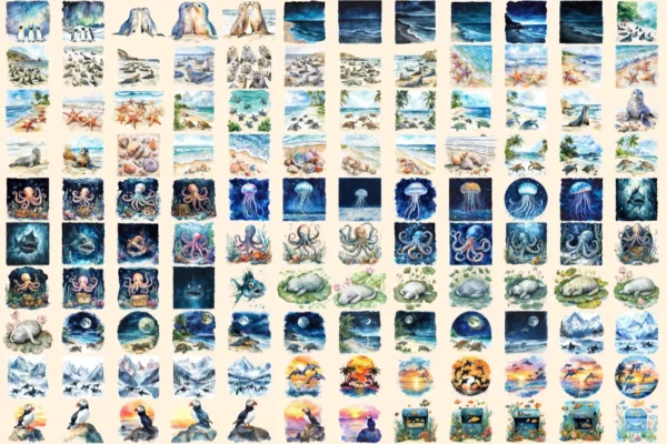 Sea Animals Watercolor Clipart Bundle - 832+ transparent PNG, Marine wildlife graphics, Ocean creature art, Commercial use, Digital download