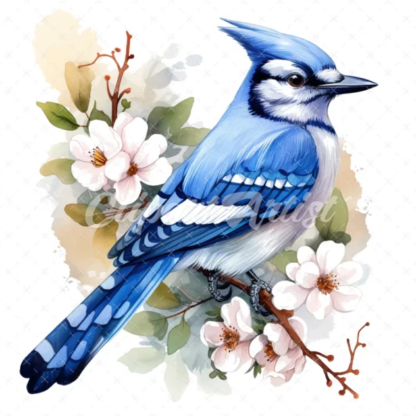 19 High-Quality Floral Blue Jay Clipart - Floral blue jay digital watercolor JPG instant download for commercial use - Digital download