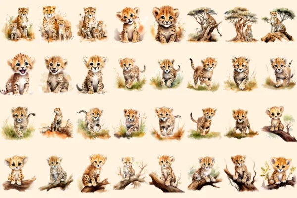 Cheetah Watercolor Clipart Bundle - 211+ transparent PNG, Safari cheetah graphics, Wild savanna images, Commercial use, Digital download