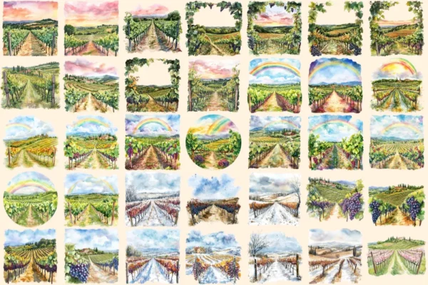 Vineyards Watercolor Clipart Bundle - 233+ transparent PNG, Rustic vineyard landscapes, Wine decor images, Commercial use, Digital download