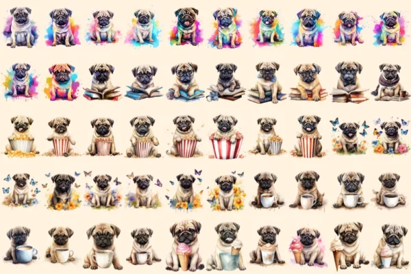 Pugs Watercolor Clipart Bundle - 345+ transparent PNG, Charming pug illustrations, Playful puppy graphics, Commercial use, Digital download