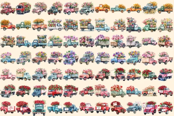 Floral Trucks Watercolor Clipart Bundle - 523+ transparent PNG, Blossom truck graphics, Floral vehicle png, Commercial use, Digital download