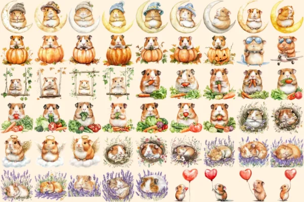 Guinea Pigs Watercolor Clipart Bundle - 365+ transparent PNG, Adorable hamster graphics, Cute pet images, Commercial use, Digital download