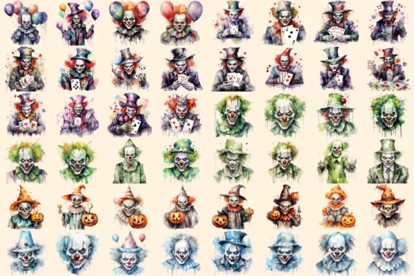 Scary Clowns Watercolor Clipart Bundle - 325+ transparent PNG, Creepy halloween graphics, Spooky clown art, Commercial use, Digital download
