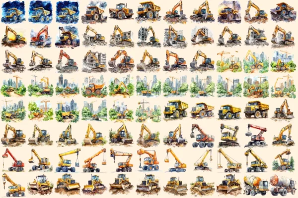 Construction Vehicles Watercolor Clipart Bundle - 600+ transparent PNG, Construction images, Machinery png, Commercial use, Digital download