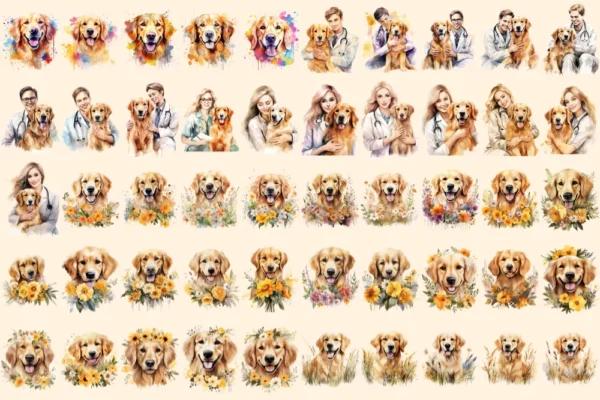 Golden Retrievers Watercolor Clipart Bundle - 345+ transparent PNG, Playful dog graphics, Golden pup art, Commercial use, Digital download
