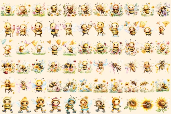 Cute Honey Bees Watercolor Clipart Bundle - 440+ transparent PNG, Sweet bee graphics, Loving insect art, Commercial use, Digital download