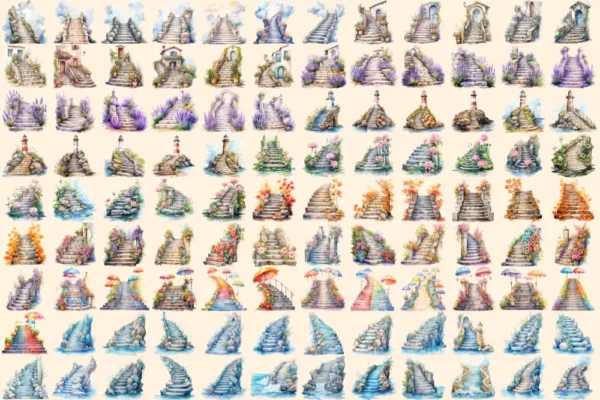 Stone Stairs Watercolor Clipart Bundle - 698+ transparent PNG, Graceful step graphics, Charming stair png, Commercial use, Digital download