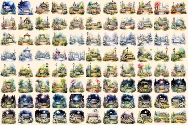 Garden Benches Watercolor Clipart Bundle - 603+ transparent PNG, lovely garden graphics, Rustic outdoor png, Commercial use,Digital download