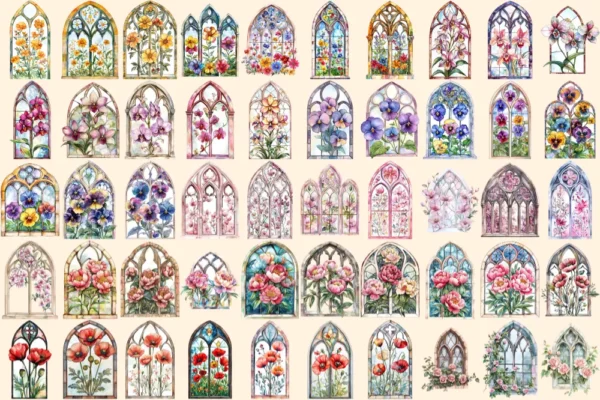 Floral Church Windows Watercolor Clipart Bundle - 340+ transparent PNG, Sacred graphics, Floral glass art, Commercial use, Digital download