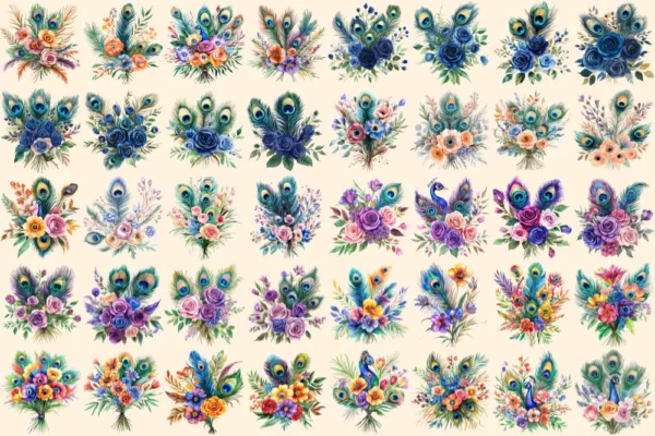 Peacock Bouquets Watercolor Clipart Bundle - 255+ transparent PNG, Elegant floral graphics, Vibrant images, Commercial use, Digital download