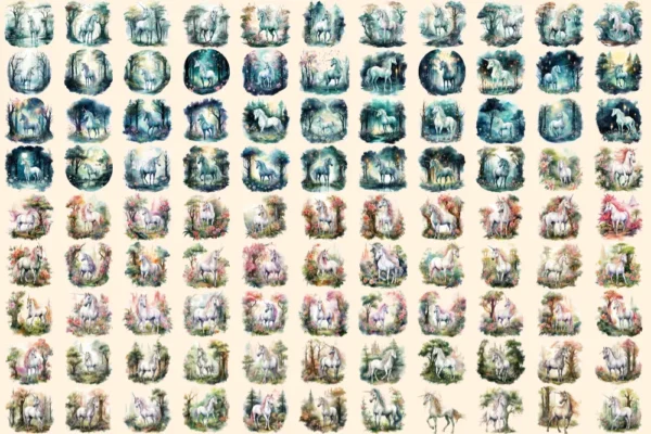 Elderwood Unicorns Watercolor Clipart Bundle - 685+ transparent PNG, Unicorn forest images, Fairytale art, Commercial use, Digital download