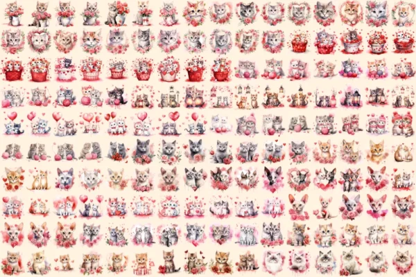Valentine's Day Cats Watercolor Clipart Bundle - 1070+ transparent PNG, Romantic cat png,Loveable kitten art,Commercial use,Digital download