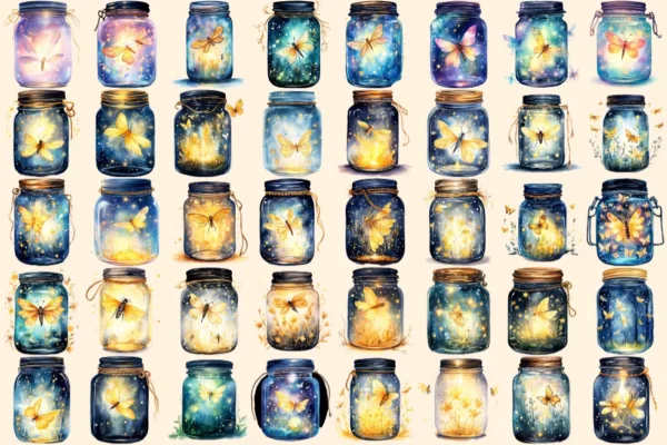 Firefly Jars Watercolor Clipart Bundle - 253+ transparent PNG, Whimsical fairytale graphics, Storybook art, Commercial use, Digital download