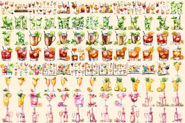 Alcoholic Drinks Watercolor Clipart Bundle - 690+ transparent PNG, Liquor cocktail illustrations, Drink png, Commercial use,Digital download