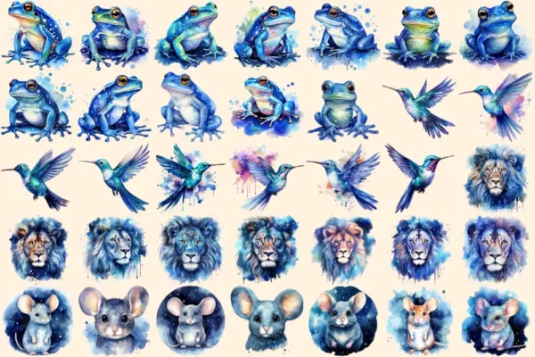 Celestial Animals Watercolor Clipart Bundle - 225+ transparent PNG, Cosmic animal graphics, Galactic art, Commercial use, Digital download