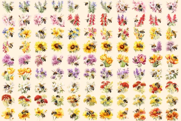 Bumblebees Watercolor Clipart Bundle - 645+ transparent PNG, Honey insect illustrations, Buzzing bee png, Commercial use, Digital download