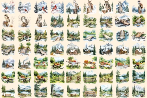 Mountain Retreats Watercolor Clipart Bundle - 415+ transparent PNG, Tranquil nature scenes, Rustic cabin png,Commercial use,Digital download
