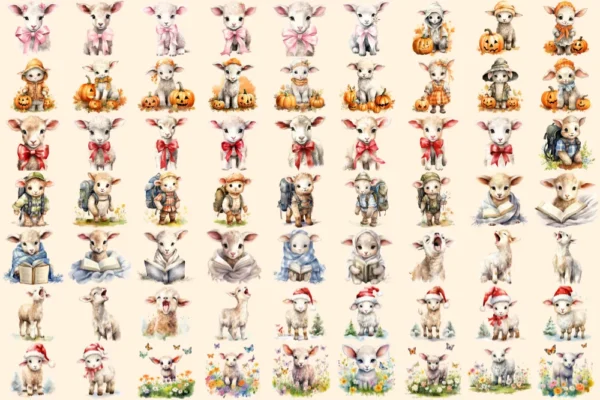Lambs Watercolor Clipart Bundle - 432+ transparent PNG, Adorable farm illustrations, Cute lamb graphics, Commercial use, Digital download